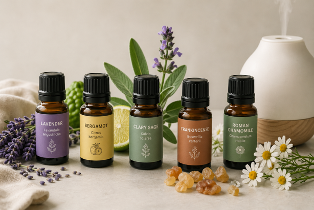 five essential oil bottles with latin names showing lavender, bergamot, clary sage, frankincense and roman chamomile with their botanical sources