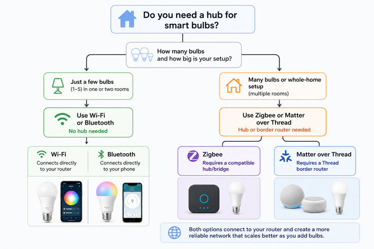flowchart showing whether smart bulbs need a hub based on setup size with wi-fi and bluetooth for small setups and zigbee or matter over thread for whole home