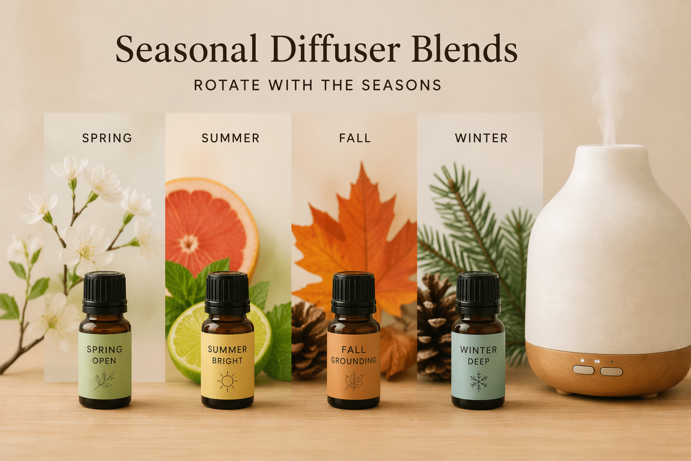 four essential oil bottles labelled spring open, summer bright, fall grounding and winter deep alongside a running diffuser