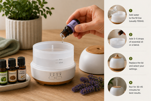 four step diffuser setup showing adding water to fill line, adding essential oil drops, replacing lid and running for 30 to 45 minutes
