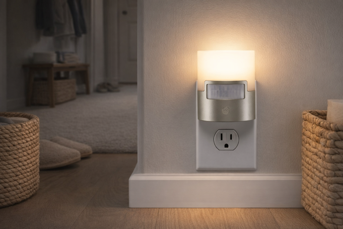 ge motion sensor night light glowing in hallway wall outlet at night with slippers visible in background