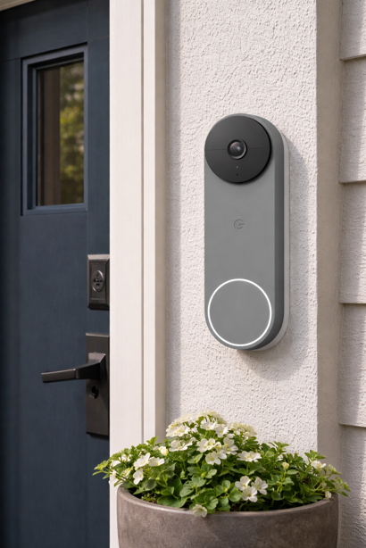 google nest doorbell battery mounted on white stucco beside navy front door with potted flowers below