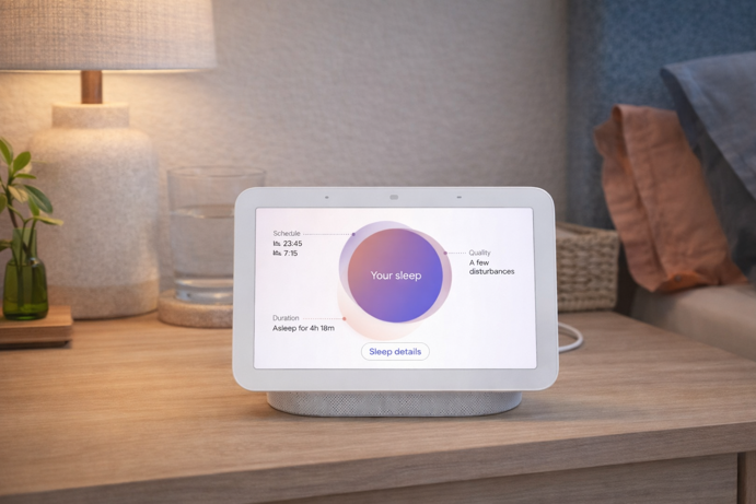 google nest hub 2nd gen on bedroom nightstand displaying sleep sensing summary with schedule duration and quality data