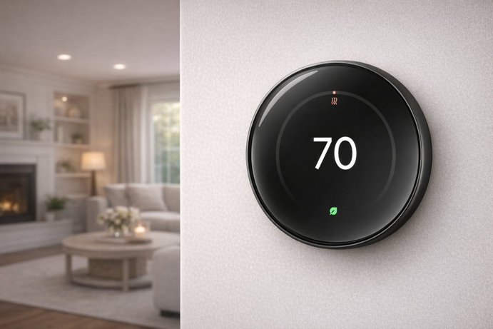 google nest learning thermostat 4th generation mounted on wall in living room