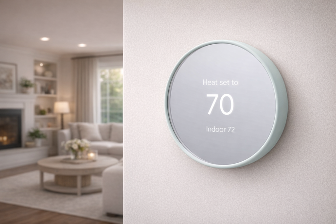google nest thermostat 2020 mounted on wall in living room
