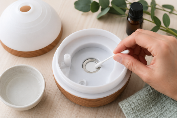 hand cleaning a diffuser ultrasonic plate with a cotton swab with diffuser disassembled on a wooden surface