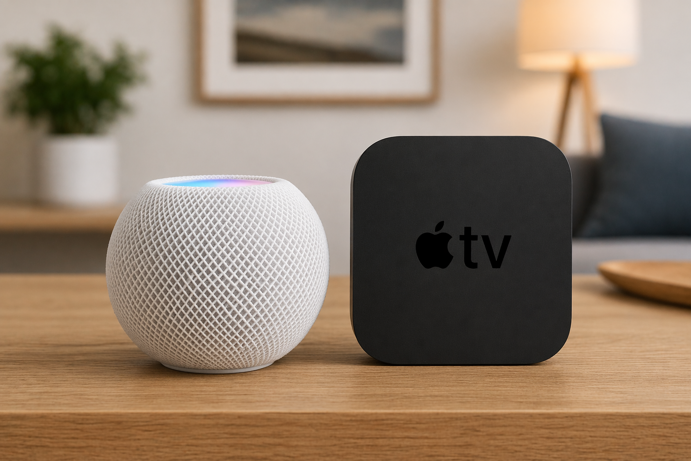 homepod mini and apple tv 4k side by side as apple homekit home hubs