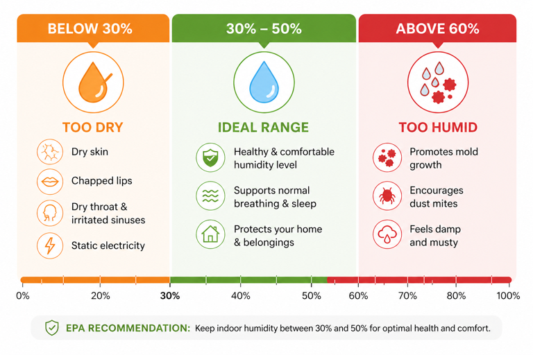 indoor humidity chart showing below 30% causes dry skin and chapped lips, 30-50% is the EPA ideal range, and above 60% promotes mold and dust mites