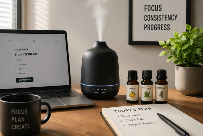 lemon, peppermint and rosemary essential oil bottles beside a black diffuser on a home office desk with a focus schedule on screen