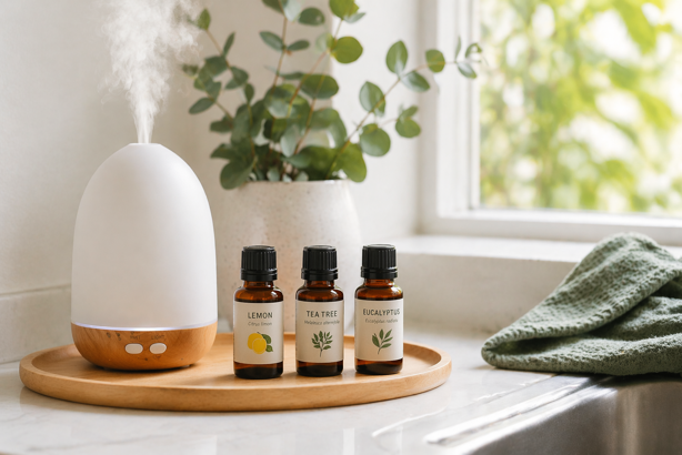 lemon, tea tree and eucalyptus radiata essential oil bottles on a wooden tray next to a diffuser on a kitchen countertop