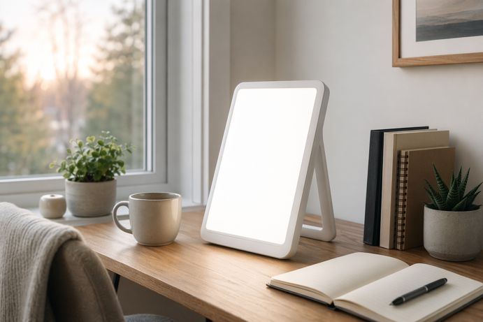 light therapy lamp on a desk beside a window in winter morning light