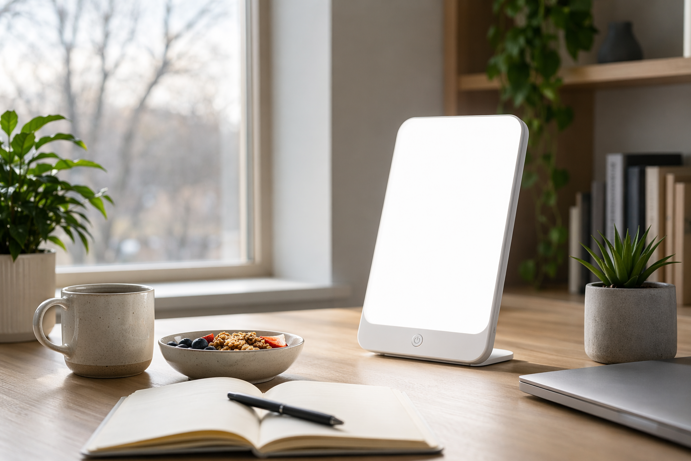 light therapy lamp on a desk during a morning routine with coffee and breakfast