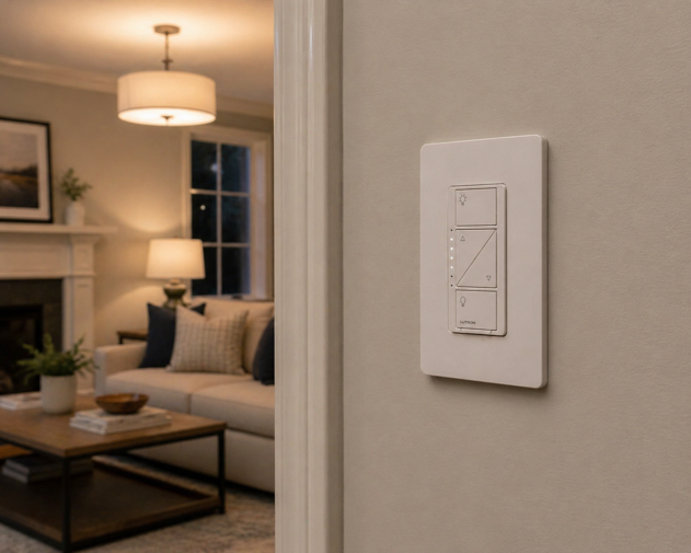 lutron caseta smart dimmer switch mounted on wall with living room in background