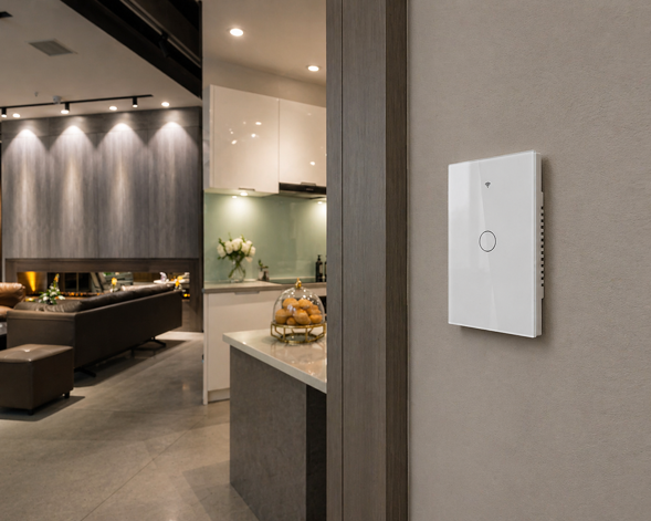 moesgo wifi smart touch switch no neutral wire mounted on wall with modern open plan kitchen in background