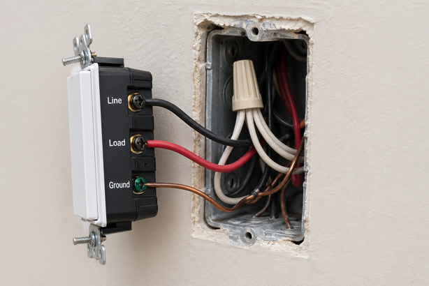 no neutral smart switch installation showing line, load and ground connections with neutral bundle capped in wall box