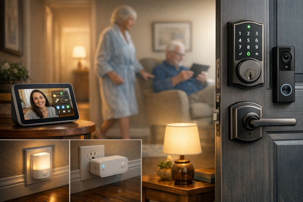 older couple in living room with smart display showing video call, keypad door lock, night light and smart plug
