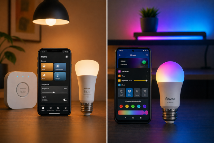 philips hue app showing scenes and brightness controls next to govee home app with color picker and rgbww bulb
