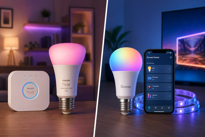 philips hue bridge and color bulb compared to govee smart bulb and led strip with govee home app