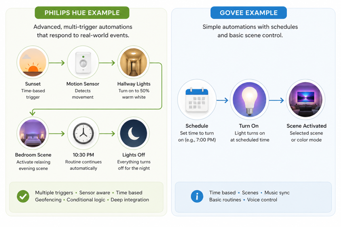 philips hue multi-trigger automation example with motion sensor and geofencing compared to govee basic schedule and scene control