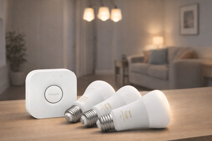 philips hue white ambiance bulbs and hue bridge starter kit on wooden surface with living room in background
