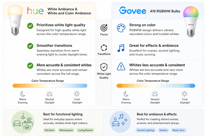 philips hue white ambiance versus govee a19 rgbww bulbs comparing white light consistency and color temperature transitions