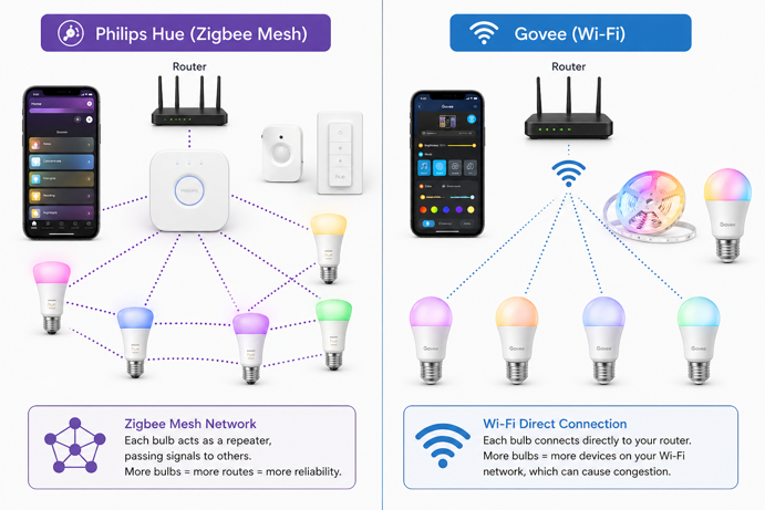 philips hue zigbee mesh network diagram showing bulbs as repeaters compared to govee wi-fi direct connection to router