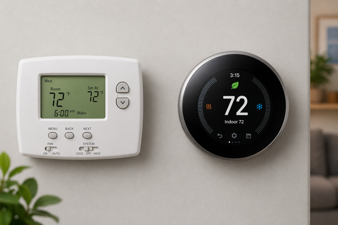 programmable thermostat and smart thermostat mounted side by side on a wall