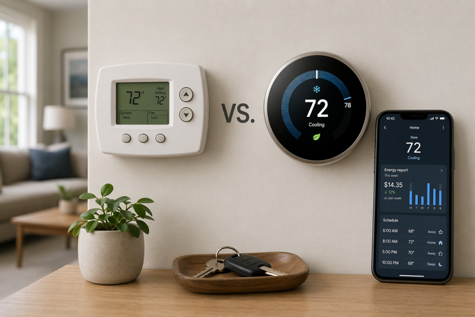 programmable thermostat vs smart thermostat side by side on a wall with smartphone app