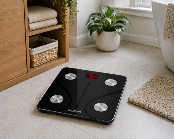 renpho elis 1 smart body fat scale on a bathroom floor