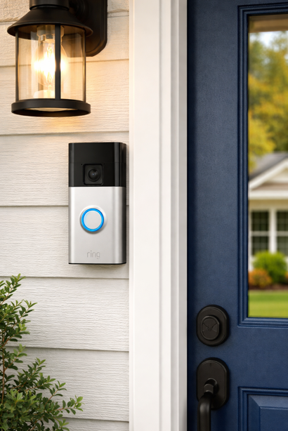 ring battery doorbell mounted on white siding beside navy front door with porch light above
