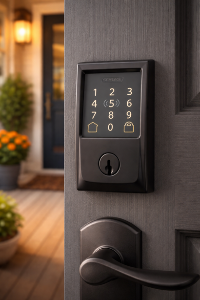 schlage encode plus smart lock with illuminated keypad installed on front door with porch visible in background