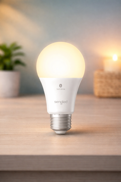 sengled bluetooth soft white smart bulb on wooden surface with warm home setting in background