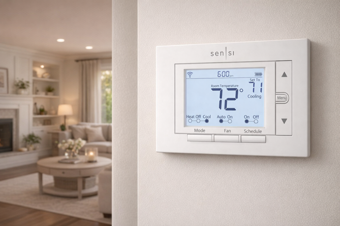 sensi smart thermostat st55 mounted on wall in living room