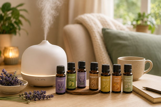 seven essential oil bottles labelled lavender, bergamot, clary sage, frankincense, ylang ylang, sweet orange and roman chamomile alongside a running diffuser