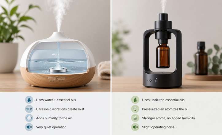 side by side comparison of an ultrasonic diffuser using water and essential oils and a nebulizing diffuser using undiluted essential oils