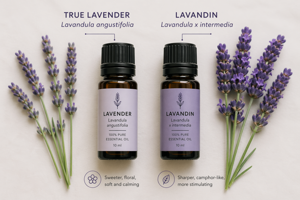 side by side comparison of true lavender (lavandula angustifolia) and lavandin (lavandula x intermedia) essential oil bottles