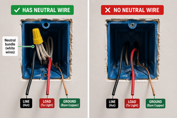 side by side comparison of wall switch box with neutral wire bundle and without neutral wire