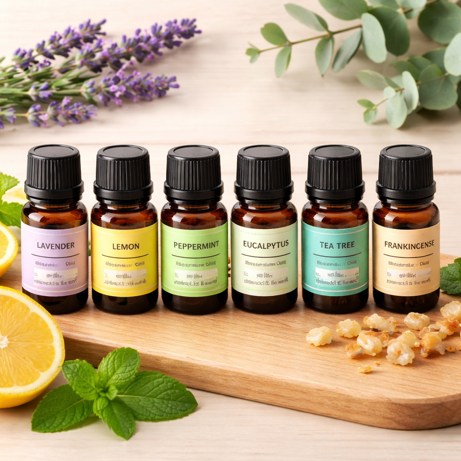 six essential oil bottles labelled lavender, lemon, peppermint, eucalyptus, tea tree and frankincense on a wooden board