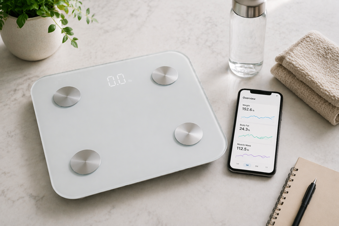 smart body fat scale next to a smartphone showing body composition trends in a health app