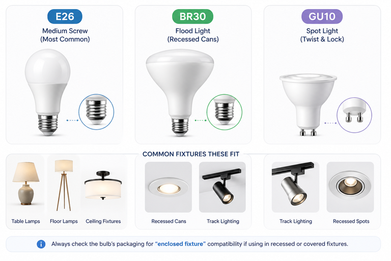 smart bulb fitting types showing e26 medium screw for table and ceiling fixtures, br30 for recessed cans and gu10 for track lighting and spots