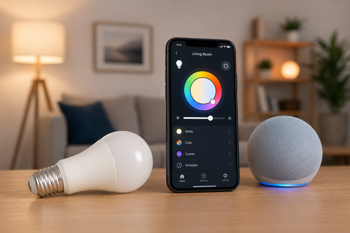 smart bulb next to smartphone app showing white color scenes and schedule controls with amazon echo dot