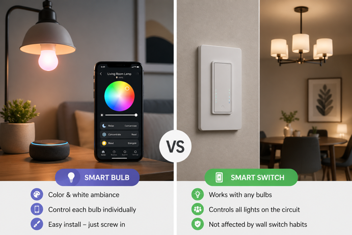 smart bulb versus smart switch comparison showing color control and app setup on left against wall switch controlling overhead lighting on right