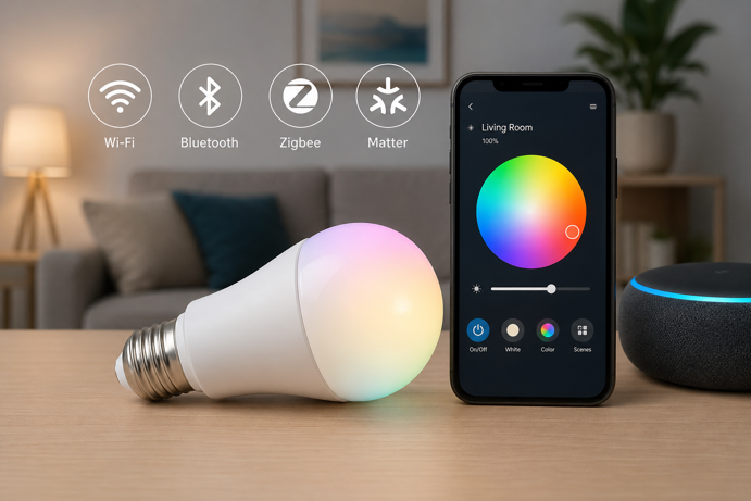 smart bulb with wi-fi, bluetooth, zigbee and matter protocol icons alongside smartphone app showing colour control and amazon echo dot