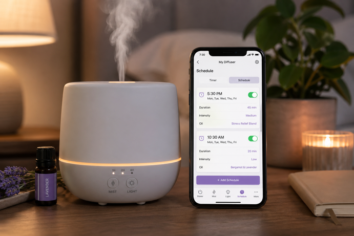 smart diffuser app showing two scheduled stress relief sessions at 5:30pm and 10:30am with duration and intensity settings