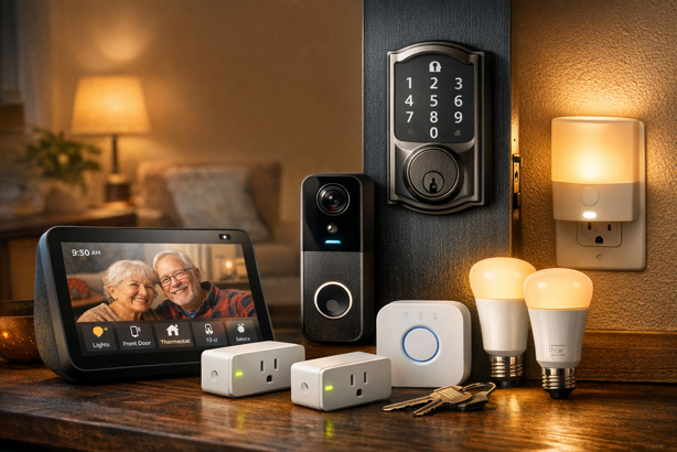 smart home devices for seniors including smart display, video doorbell, keypad lock, smart plugs, light bulbs and night light