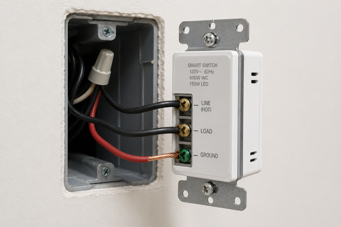 smart switch wiring terminals showing line, load and ground connections without neutral wire