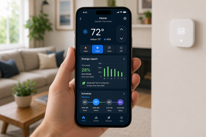 smart thermostat app showing energy report and weekly schedule on a smartphone