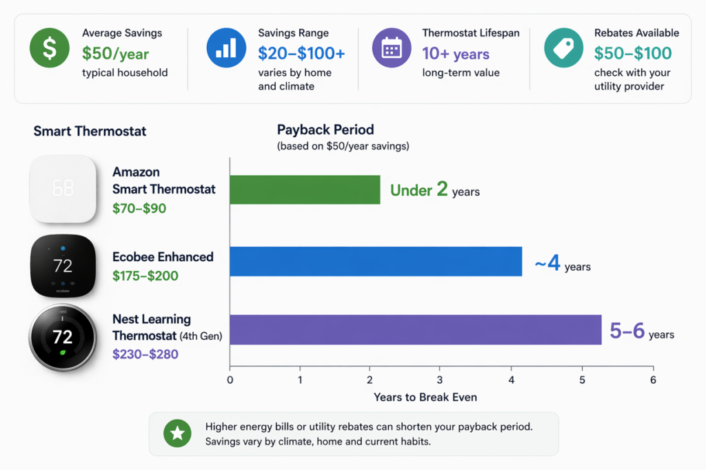 smart thermostat payback period chart comparing amazon ecobee and nest break even timelines based on 50 dollars per year savings