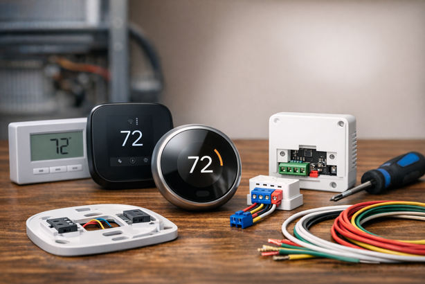 smart thermostats and c wire adapter components on a wooden surface