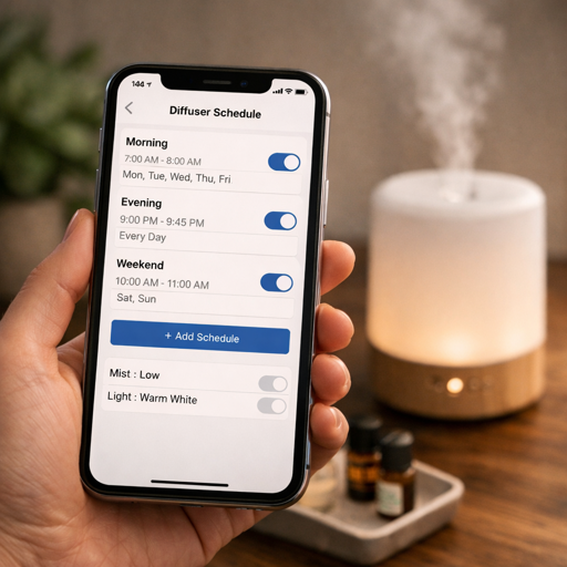 smartphone showing a diffuser schedule app with morning evening and weekend timers alongside a running smart diffuser